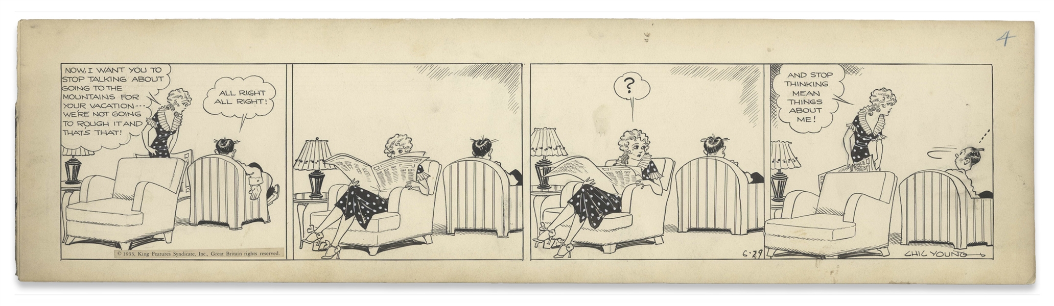 Chic Young Hand-Drawn ''Blondie'' Comic Strip From 1933 Titled ''The Crystal Gazer'' -- Blondie's Wifely Intuition on Display